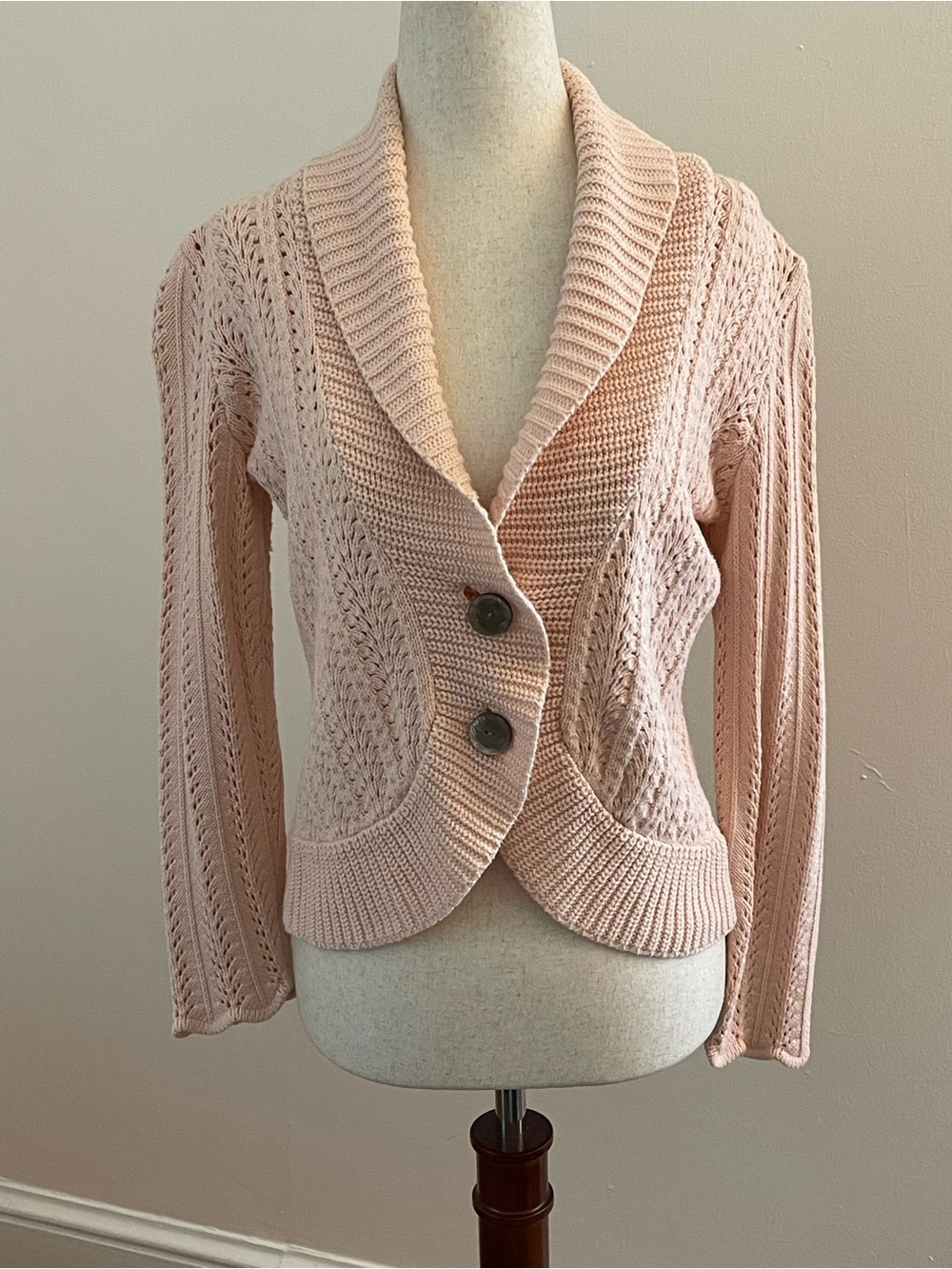 Vintage J. Jill 90s Blush Pink Cotton Open Knit Cardigan Sweater XSP Petite